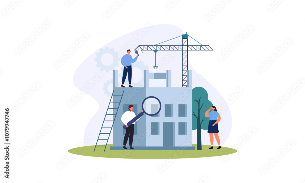 Building house process at construction site, work with floor plan ...