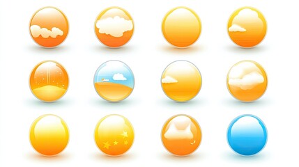 Poster - Colorful Weather Icons Set Featuring Clouds, Sun, Rain, and Stars in a Glossy Design Ideal for Weather Forecasts or Digital Applications