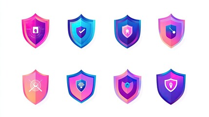 Poster - Colorful and Modern Shield Icons Set for Security and Protection Concepts, Featuring Various Symbols of Safety, Privacy, and Trust in Digital Environments