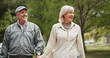 © peopleimages.com - Smile, love and holding hands with old couple in park for retirement, happiness and wellness. Support, date and romance with senior man and woman walking for partner, marriage and peace together
