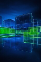 Poster - Futuristic Digital Landscape Featuring Neon Cube Structures in a Dark Atmosphere with Reflections Creating a Modern and Abstract Visual Experience