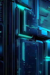 Poster - futuristic digital wall with glowing blue lights and high-tech circuit patterns for cybersecurity, d