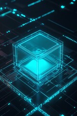 Poster - futuristic transparent cube on circuit board with glowing nodes and digital patterns, symbolizing te