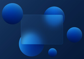 Dark blue background with transparent partition and floating spheres in glass morphism style. Website landing page template.