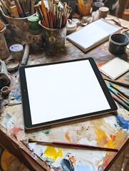 Fototapete - A blank tablet screen with a stylus on a cluttered artist’s table, surrounded by sketchbooks and paints, ideal for creative app previews. 
