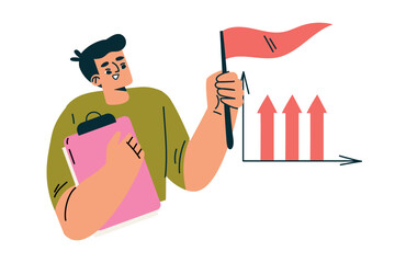Aufkleber - Productive Workflow with Man with Flag and Clipboard Managing Task Vector Illustration