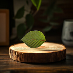 Wall Mural - rustic wooden tree slice podium with green leaf accents for natural product display, organic texture