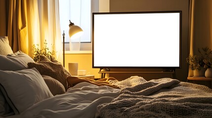 Canvas Print - A blank TV screen set in a cozy bedroom with soft lighting, blankets, and pillows, ideal for streaming service or movie promotion mockups. -