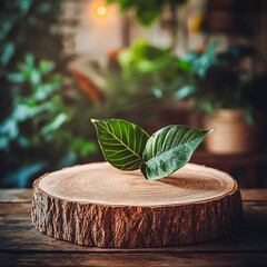 Wall Mural - rustic wooden tree slice podium with green leaf accents for natural product display, organic texture