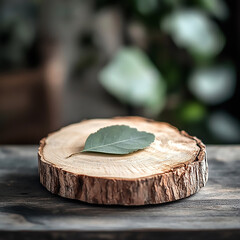 Wall Mural - rustic wooden tree slice podium with green leaf accents for natural product display, organic texture