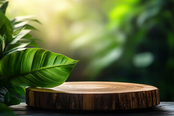 Wall Mural - rustic wooden tree slice podium with green leaf accents for natural product display, organic texture