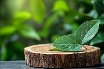 Wall Mural - rustic wooden tree slice podium with green leaf accents for natural product display, organic texture
