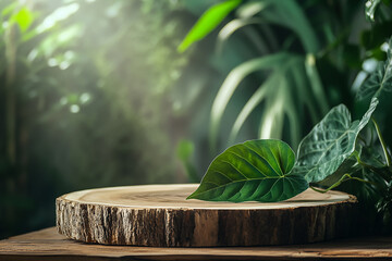 Wall Mural - rustic wooden tree slice podium with green leaf accents for natural product display, organic texture
