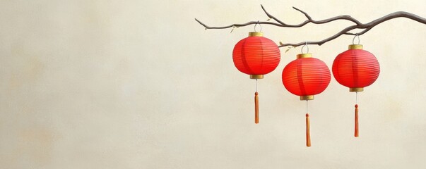 the concept of a minimal background with chinese lanterns. red lanterns hanging on a branch, symboli