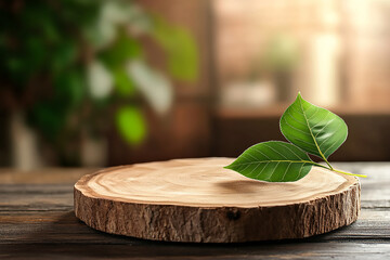 Wall Mural - rustic wooden tree slice podium with green leaf accents for natural product display, organic texture