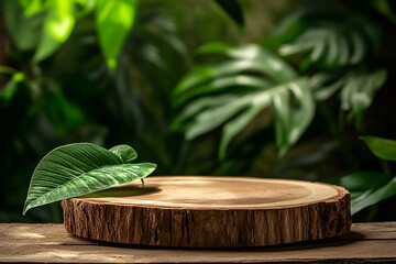 Wall Mural - rustic wooden tree slice podium with green leaf accents for natural product display, organic texture