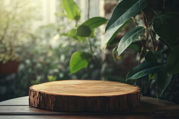 Wall Mural - rustic wooden tree slice podium with green leaf accents for natural product display, organic texture