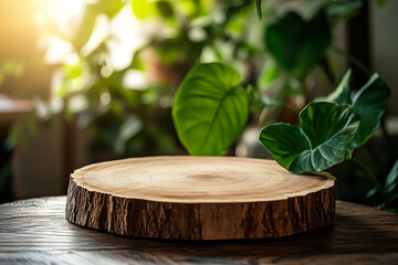 Wall Mural - rustic wooden tree slice podium with green leaf accents for natural product display, organic texture