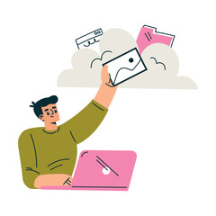 Aufkleber - Productive Workflow with Man at Laptop Store Document in Cloud Managing Task Vector Illustration
