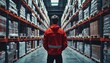 © Manutsanun - A worker in a red jacket stands in the middle of a large warehouse aisle, surrounded by tall shelves filled with boxes, symbolizing logistics, storage, and efficiency in a modern d
