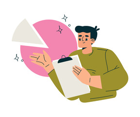 Aufkleber - Productive Workflow with Man with Clipboard and Pie Chart Managing Task Vector Illustration