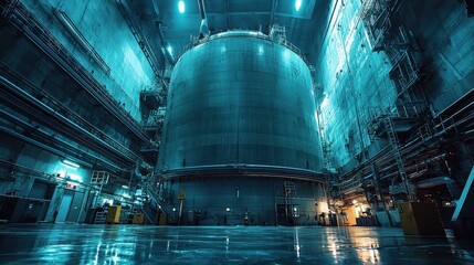 Poster - Nuclear containment chamber engineering power plant facility industrial structure high-security environment ground-level perspective biosafety and energy solutions