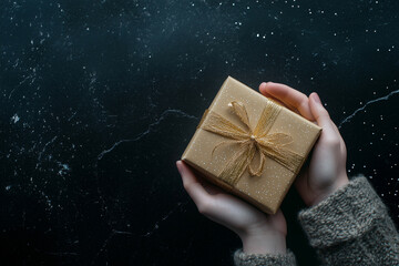 Hand holding gift box on black background.