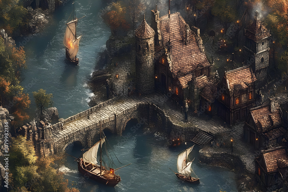 Illustration Medieval Village River Ships Bridge Autumn Fantasy Stock ...