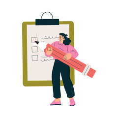 Aufkleber - Productive Workflow with Woman at Checkbox List Managing Task Vector Illustration