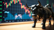 © Kanomaoi - A powerful bull statue stands before a dynamic stock market chart, symbolizing bullish market trends and financial growth