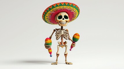 Wall Mural - 3D skeleton character wearing a colorful sombrero, smiling and holding maracas on a white background.