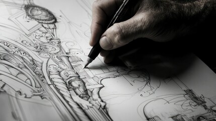 Wall Mural - a close-up of an architectâ€™s hand drawing intricate design elements on paper or digitally