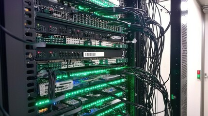 Poster - Data Center Rack with Bright Green Lights and Cables