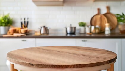 Poster - Empty round wooden tabletop with blurred kitchen background