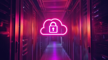 Poster - Neon Cloud Security Icon in Data Center