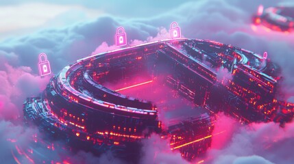 Poster - Futuristic Digital Fortress in Colorful Clouds
