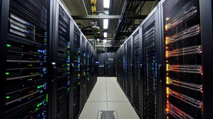 Poster - Data Center with Server Racks and Lights Illuminating Path