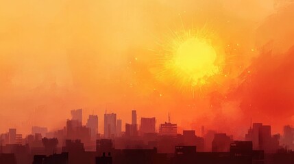 Poster - Fiery sunset over a silhouetted city skyline, AI