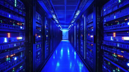 Poster - High-Tech Data Center with Blue Lighting Effects