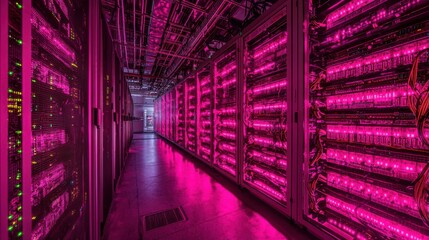 Poster - Modern Data Center with Vibrant Pink Lighting