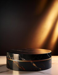 Aufkleber - Luxurious Marble Podium A striking 3D rendering of a sleek, black marble platform bathed in warm, golden light