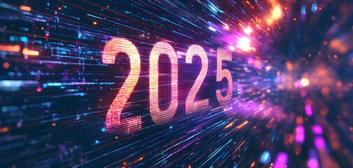 Poster - A dynamic representation of the year 2025, featuring vibrant light trails and digital effects, symbolizing innovation and the future. Perfect for technology-related themes.