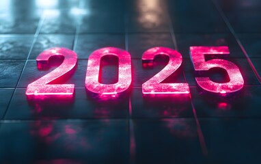Poster - A futuristic display of the year 2025 glowing in vibrant pink lights, symbolizing innovation and progress. Perfect for themes of technology, future developments, and celebrations.