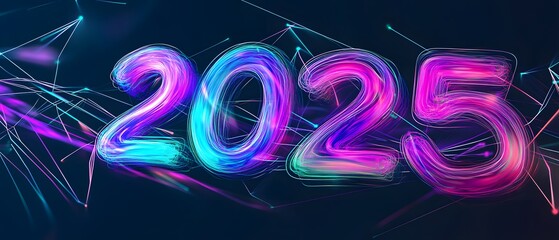 Fototapete - A vibrant digital representation of the year 2025, showcasing colorful, flowing numbers against a dark backdrop. Ideal for futuristic themes, innovations, and new beginnings.