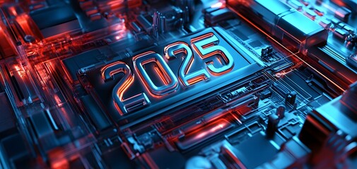 Poster - An abstract representation of technology in the year 2025, featuring intricate circuit designs and glowing neon colors that depict a futuristic digital landscape.