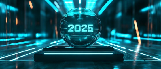 Poster - Futuristic representation of the year 2025 in a holographic sphere, illuminated by neon blue lights, evoking a sense of advanced technology and innovation.