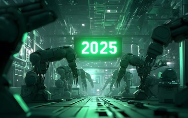 Poster - Futuristic robotic workshop showcasing advanced machinery and neon green lights, representing automation in 2025, ideal for depicting innovation and technology trends.