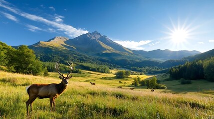 Wall Mural - Stunning mountain landscape with a grazing deer in an autumn meadow  Picturesque scenic view of the rugged peaks lush vegetation and golden sunlight in a serene and peaceful rural setting