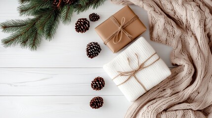 Wall Mural - Two gifts wrapped in brown paper and white fabric sit on a white wooden table, surrounded by pine branches and pine cones