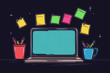 Poster - laptop with a blue cup and red cup on the desk. the laptop is open and has a blank screen. there are